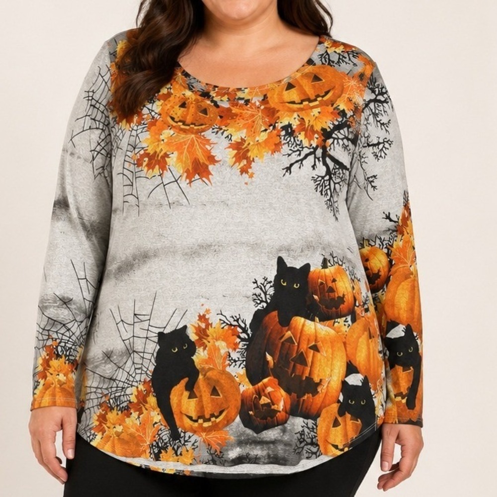 One World Women Halloween Pumpkin Black Cat Top 2X Grey Fall Spooky Rhinestone